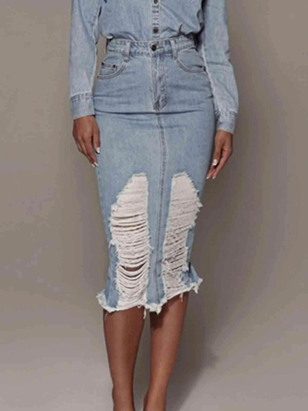 Distressed Slit Denim Skirt in 100 Percent Cotton Fabric
