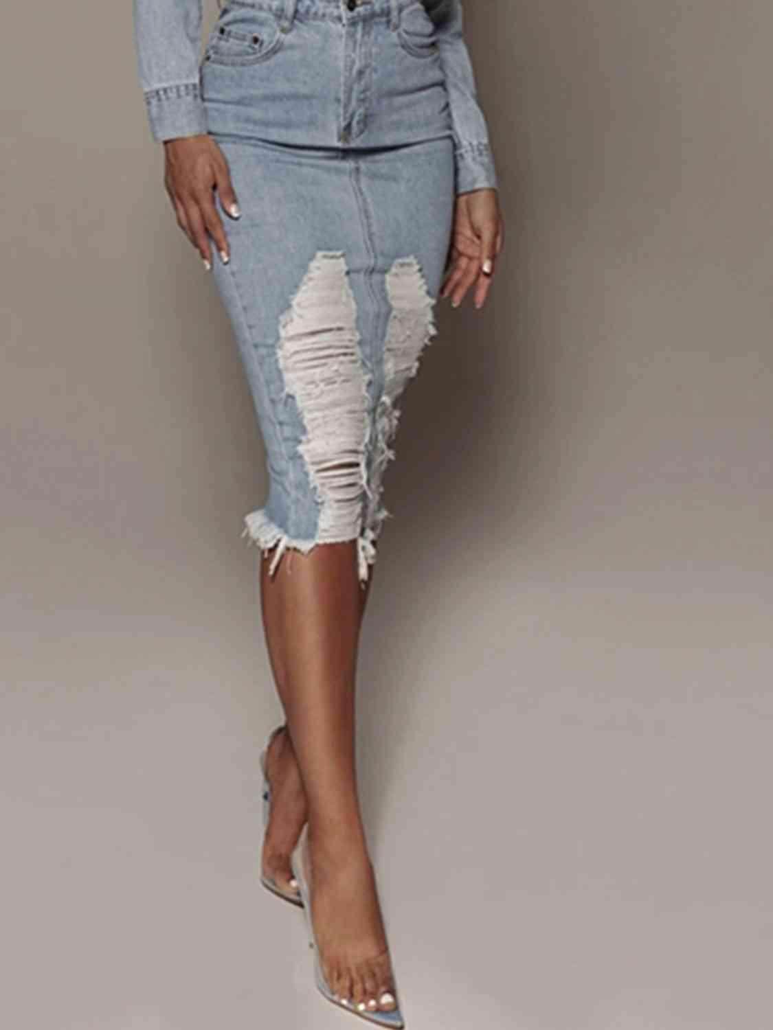 Distressed Slit Denim Skirt in 100 Percent Cotton Fabric