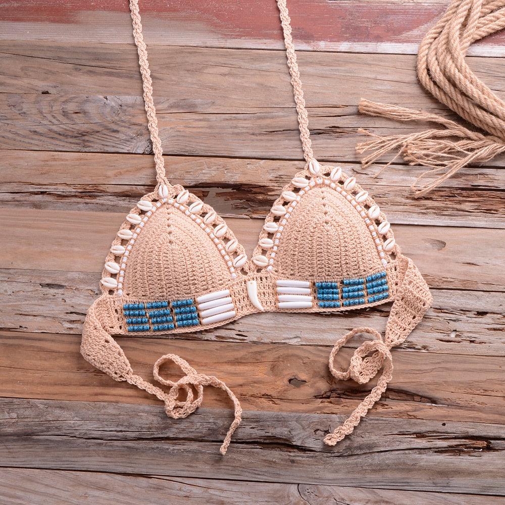 Vintage Blue Bikinis 2 Piece Knitted Beach Wear Bathing Suit