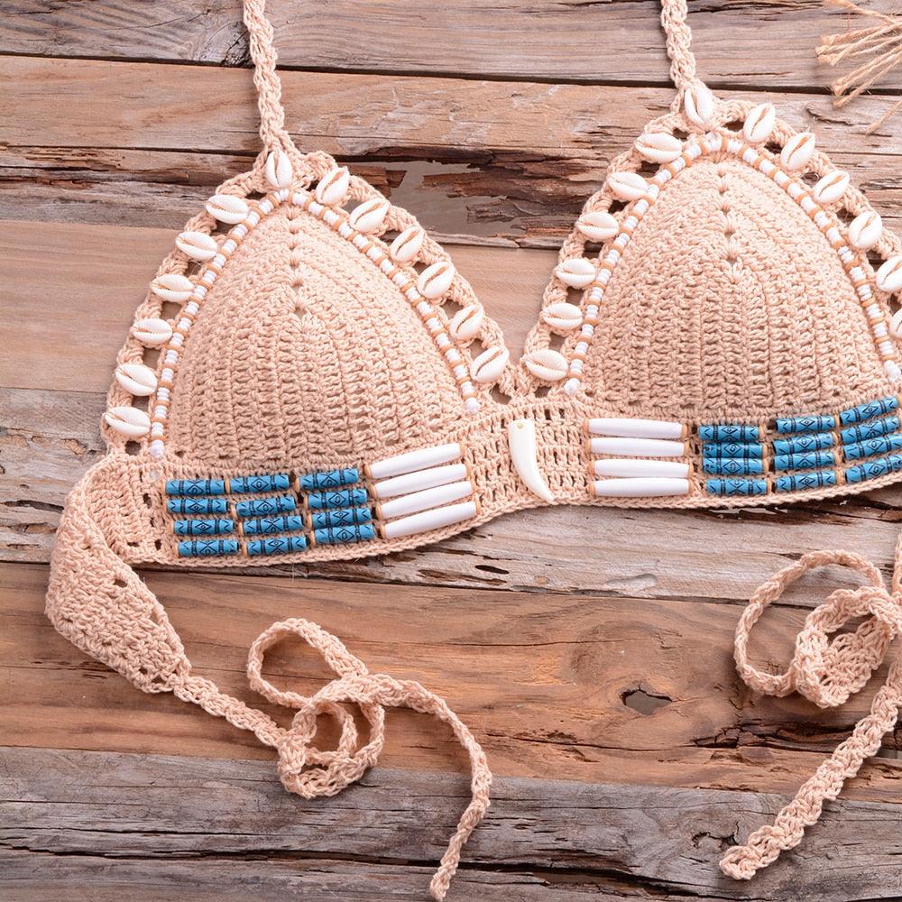 Vintage Blue Bikinis 2 Piece Knitted Beach Wear Bathing Suit