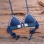 Vintage Blue Bikinis 2 Piece Knitted Beach Wear Bathing Suit