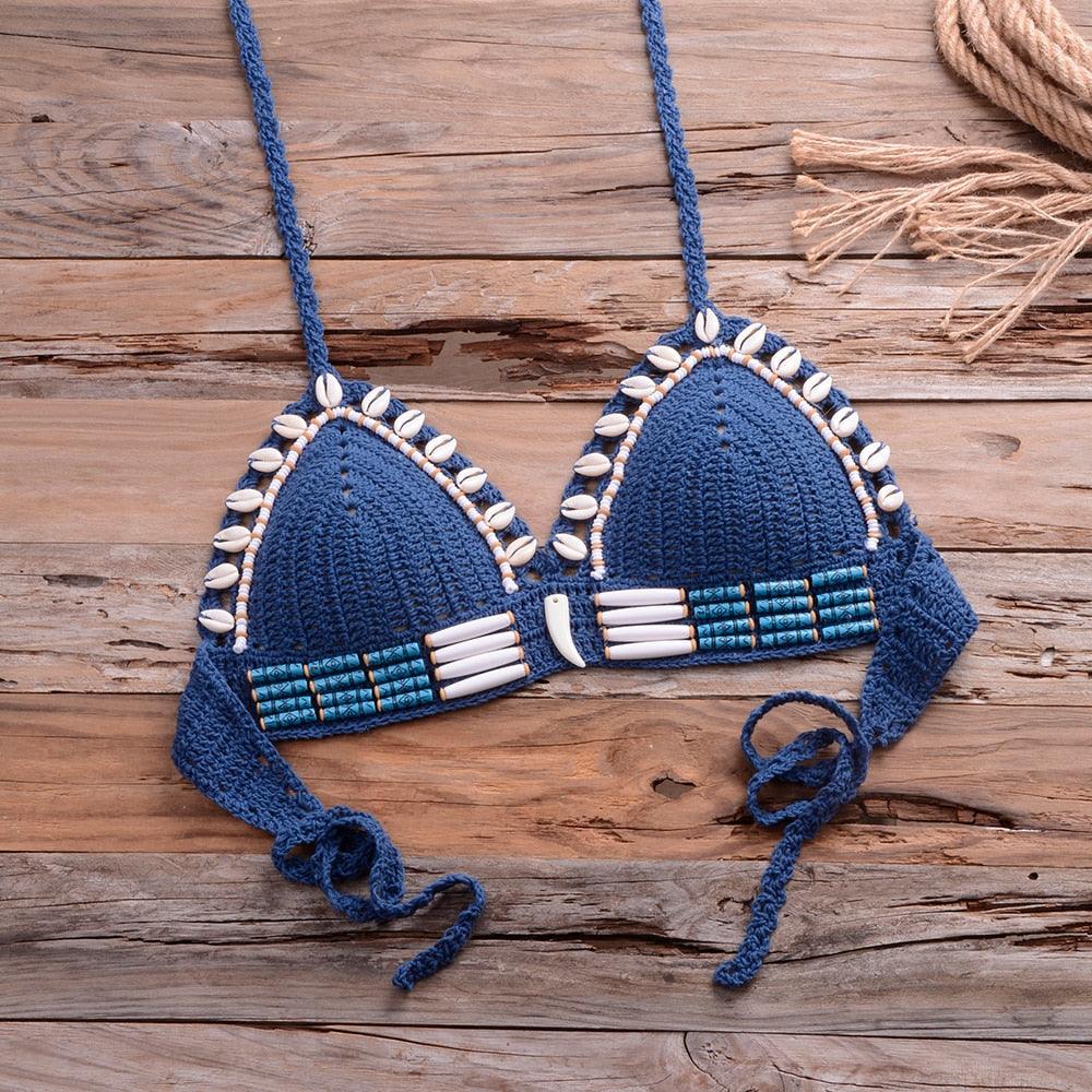 Vintage Blue Bikinis 2 Piece Knitted Beach Wear Bathing Suit