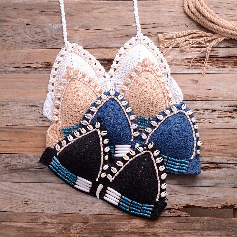 Vintage Blue Bikinis 2 Piece Knitted Beach Wear Bathing Suit