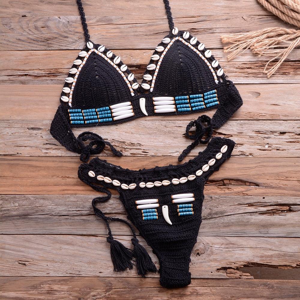 Vintage Blue Bikinis 2 Piece Knitted Beach Wear Bathing Suit