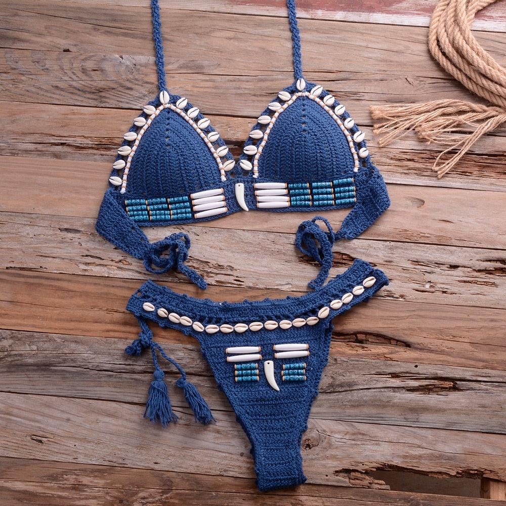 Vintage Blue Bikinis 2 Piece Knitted Beach Wear Bathing Suit