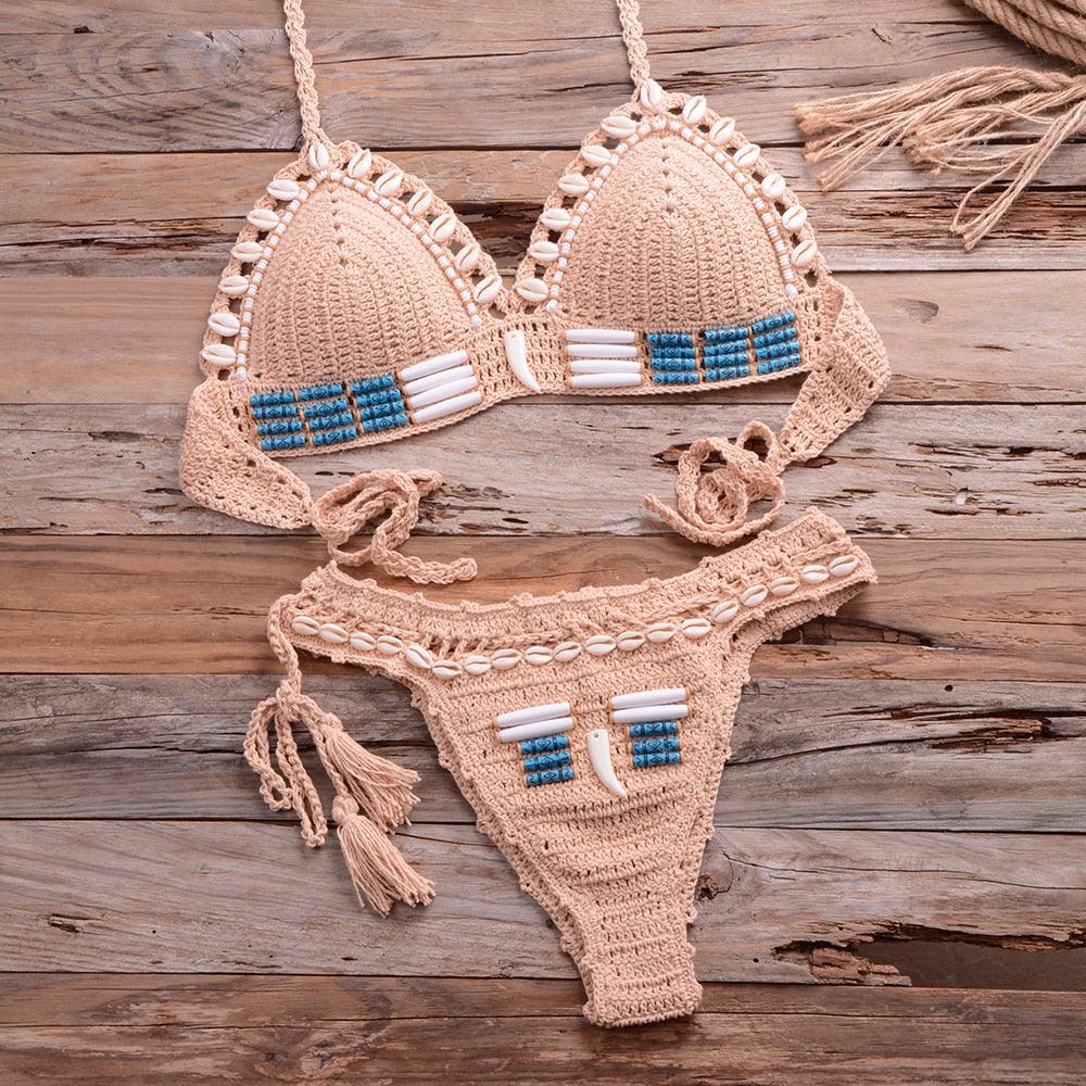 Vintage Blue Bikinis 2 Piece Knitted Beach Wear Bathing Suit