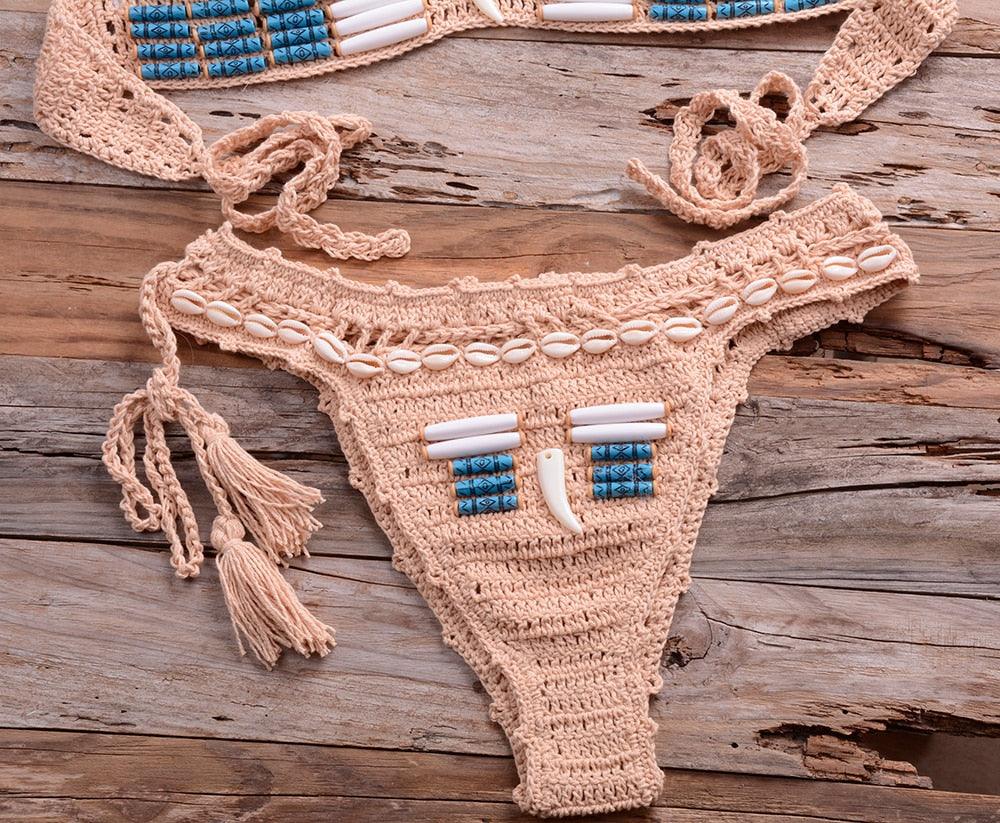Vintage Blue Bikinis 2 Piece Knitted Beach Wear Bathing Suit