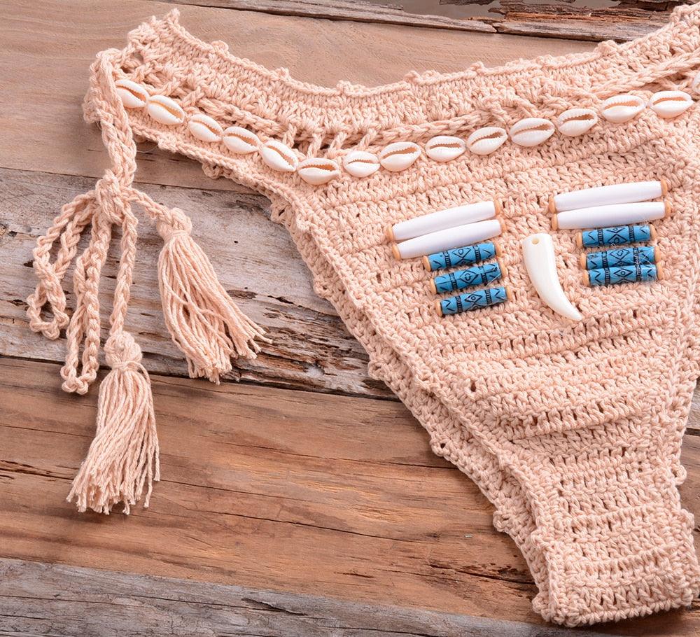 Vintage Blue Bikinis 2 Piece Knitted Beach Wear Bathing Suit