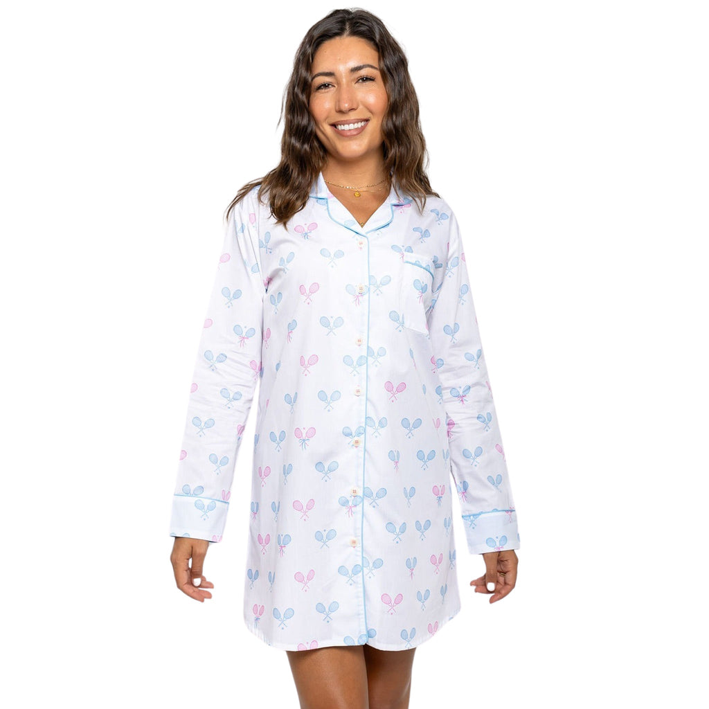 Women's Tennis Bows Night Shirt - Blue Pink Organic Cotton Poplin