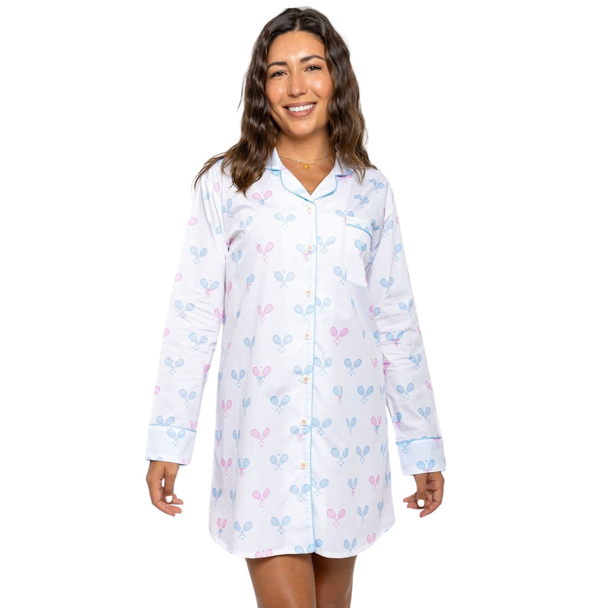 Women's Tennis Bows Night Shirt - Blue Pink Organic Cotton Poplin
