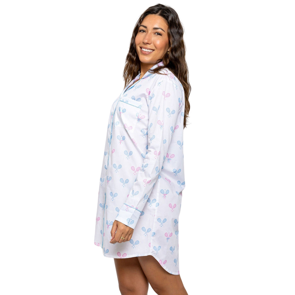 Women's Tennis Bows Night Shirt - Blue Pink Organic Cotton Poplin