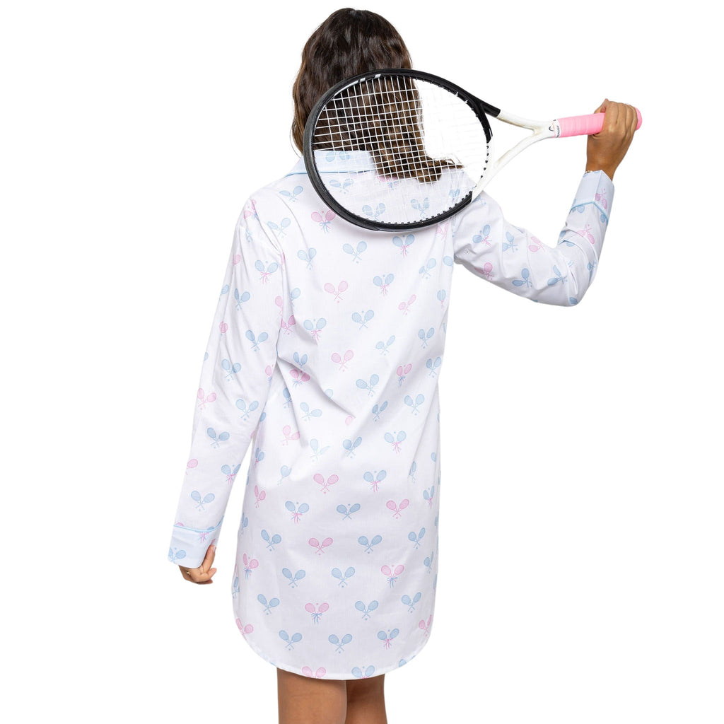 Women's Tennis Bows Night Shirt - Blue Pink Organic Cotton Poplin