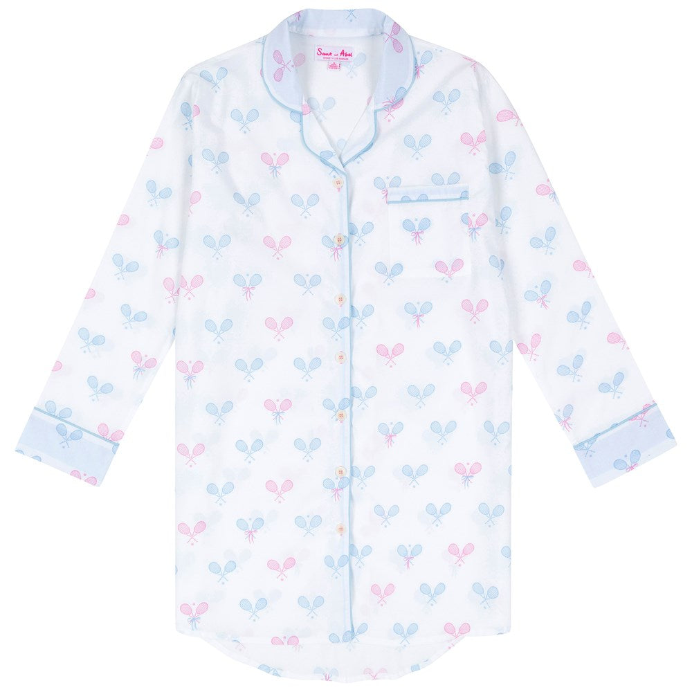 Women's Tennis Bows Night Shirt - Blue Pink Organic Cotton Poplin